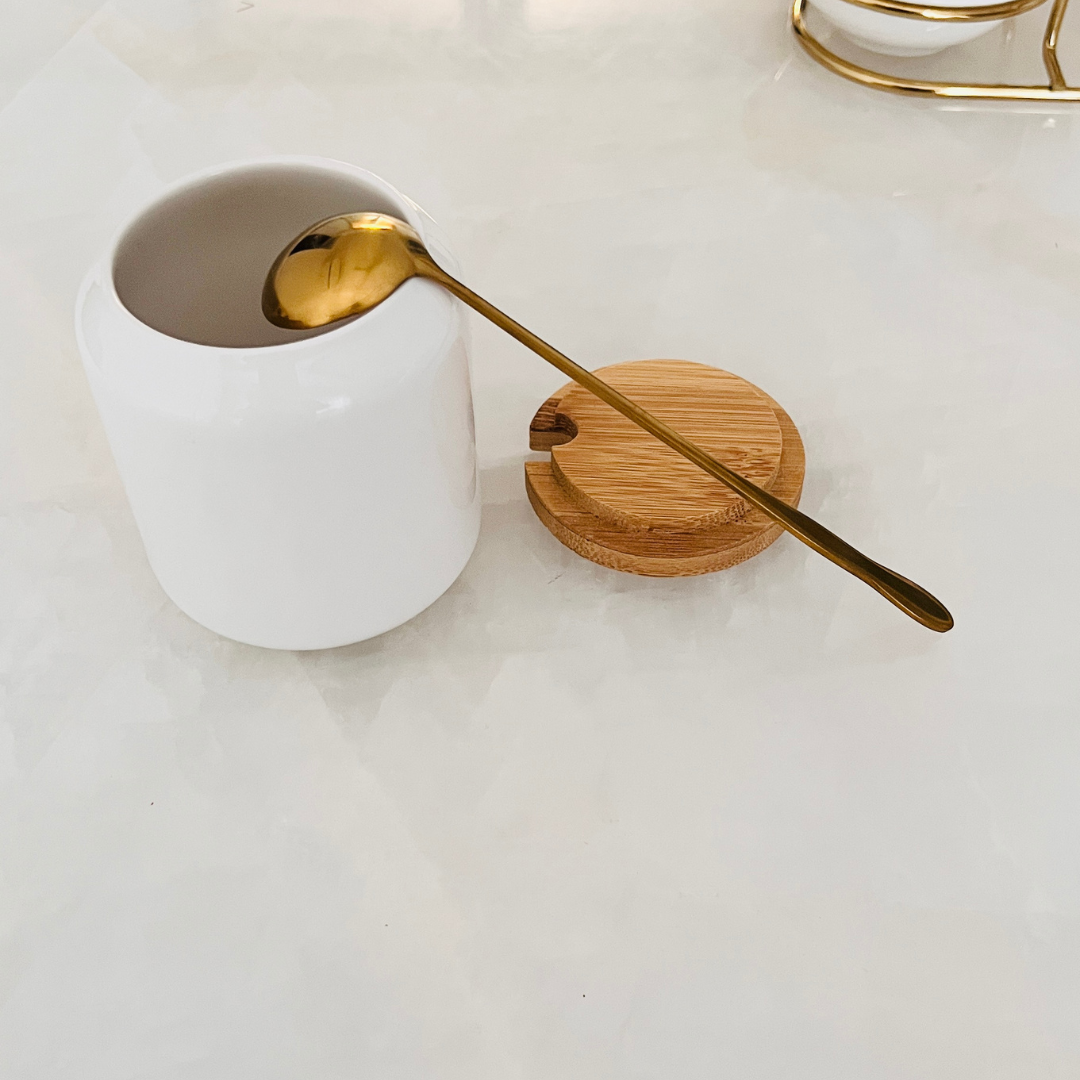 White Ghee Pot Jar with Wooden Lid & Gold Spoon