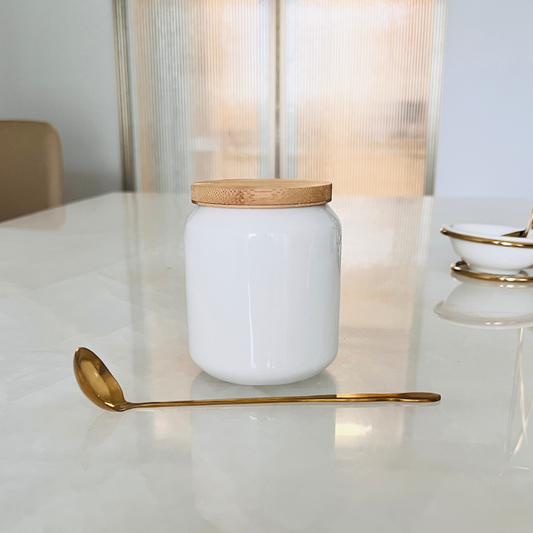 White Ghee Pot Jar with Wooden Lid & Gold Spoon