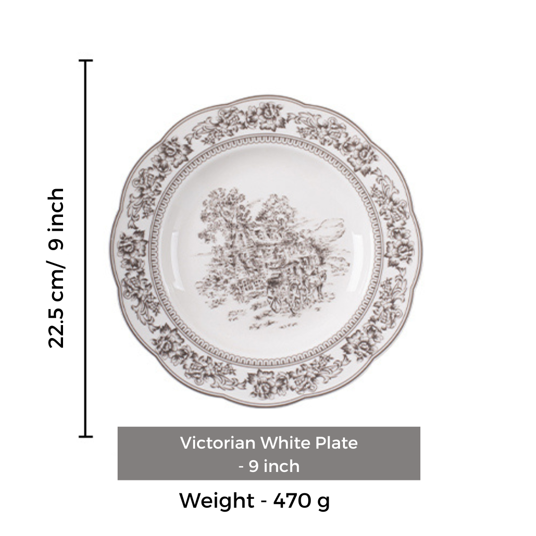 Victorian White Ceramic Snack Plate - 9 Inch