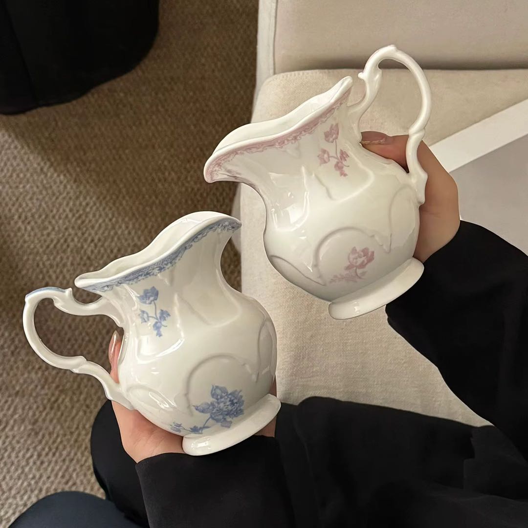 White Porcelain Creamer Jar with Floral Print