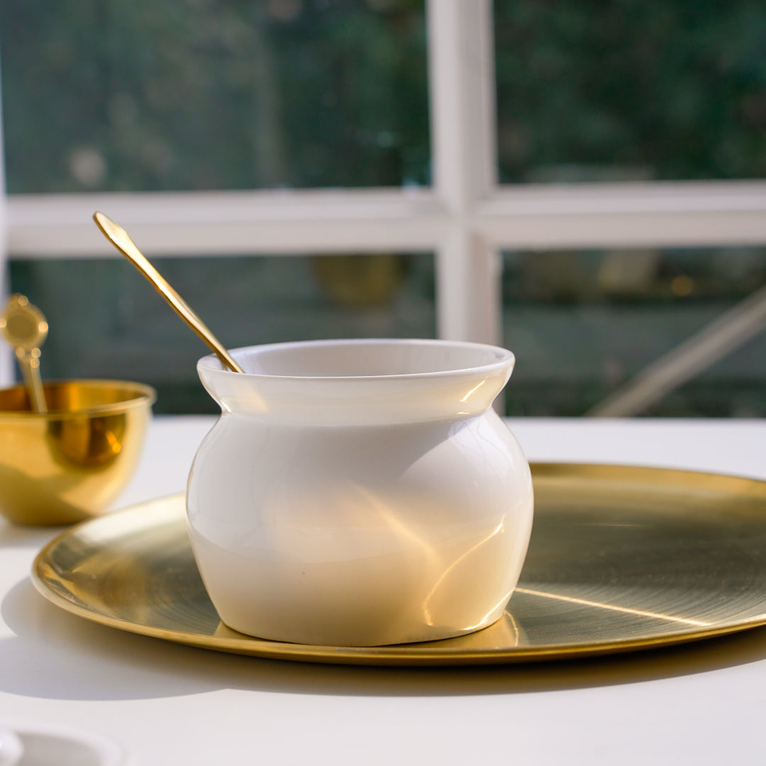 Porcelain White Ghee Jar with Gold Spoon 