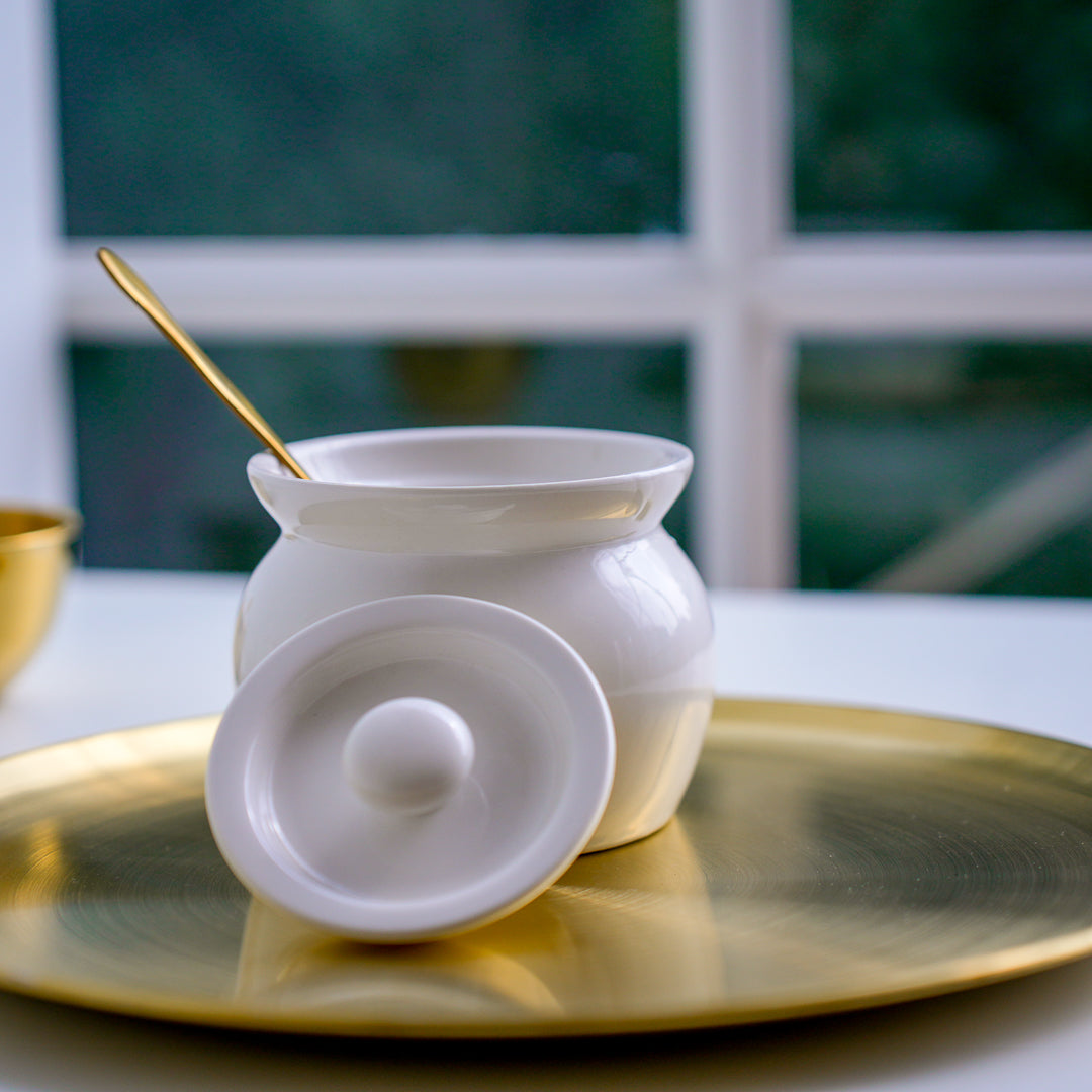 White Ghee Pot with Lid and Spoon