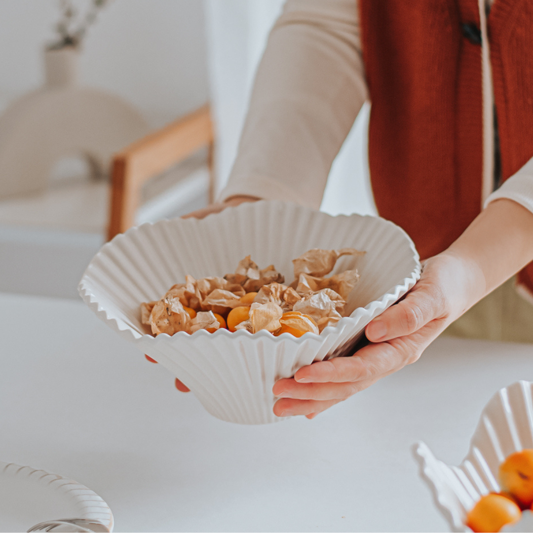 Embossed White Porcelain Serving Bowl – Luxurious Paper Fold Style - 2 sizes