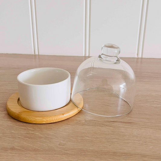 White ceramic bowl for desserts with glass dome cover – perfect serveware