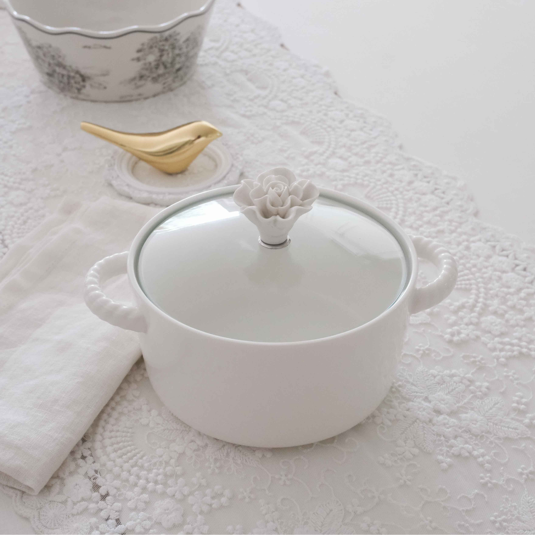 Non-porous white ceramic serving pot with food-safe glazed finish