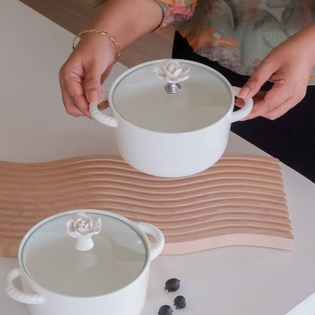 Premium white ceramic casserole bowl with glass lid for serving hot meals