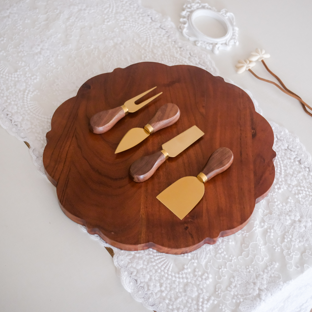 6-piece wooden cheese board set with four cheese knives and gold cheese bowl