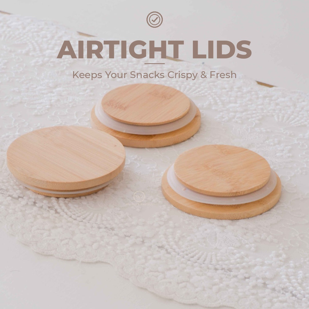 Three round bamboo airtight snack lids with white inner liners are arranged on a white textured doily. Text at the top reads 'AIRTIGHT LIDS' and 'Keeps Your Snacks Crispy & Fresh'.