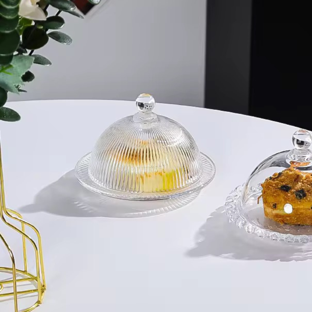 Glass Dessert Plate with Cloche Dome | Ribbed design