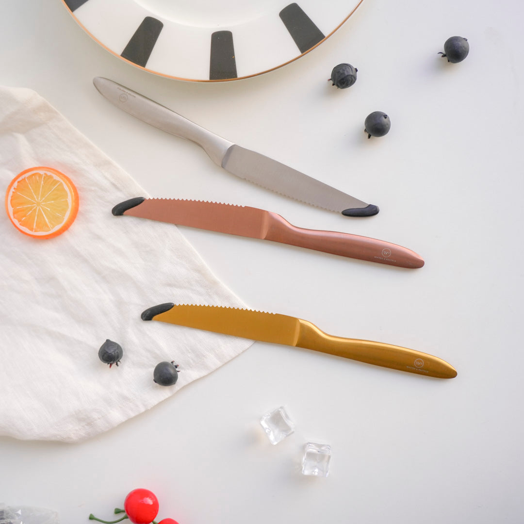 silver, gold, rose gold knives