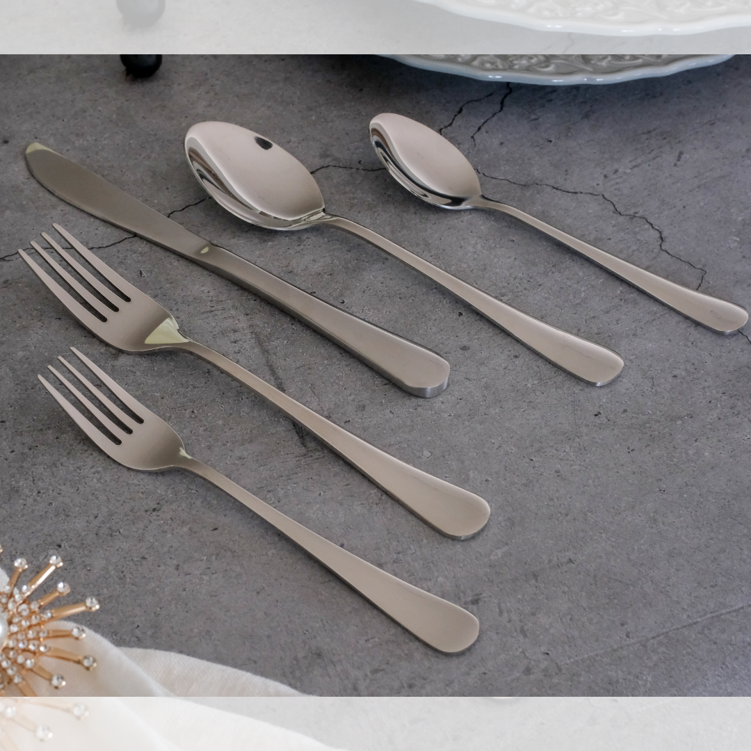 Minimalist stainless steel dinner cutlery set for stylish home dining and entertaining guests.