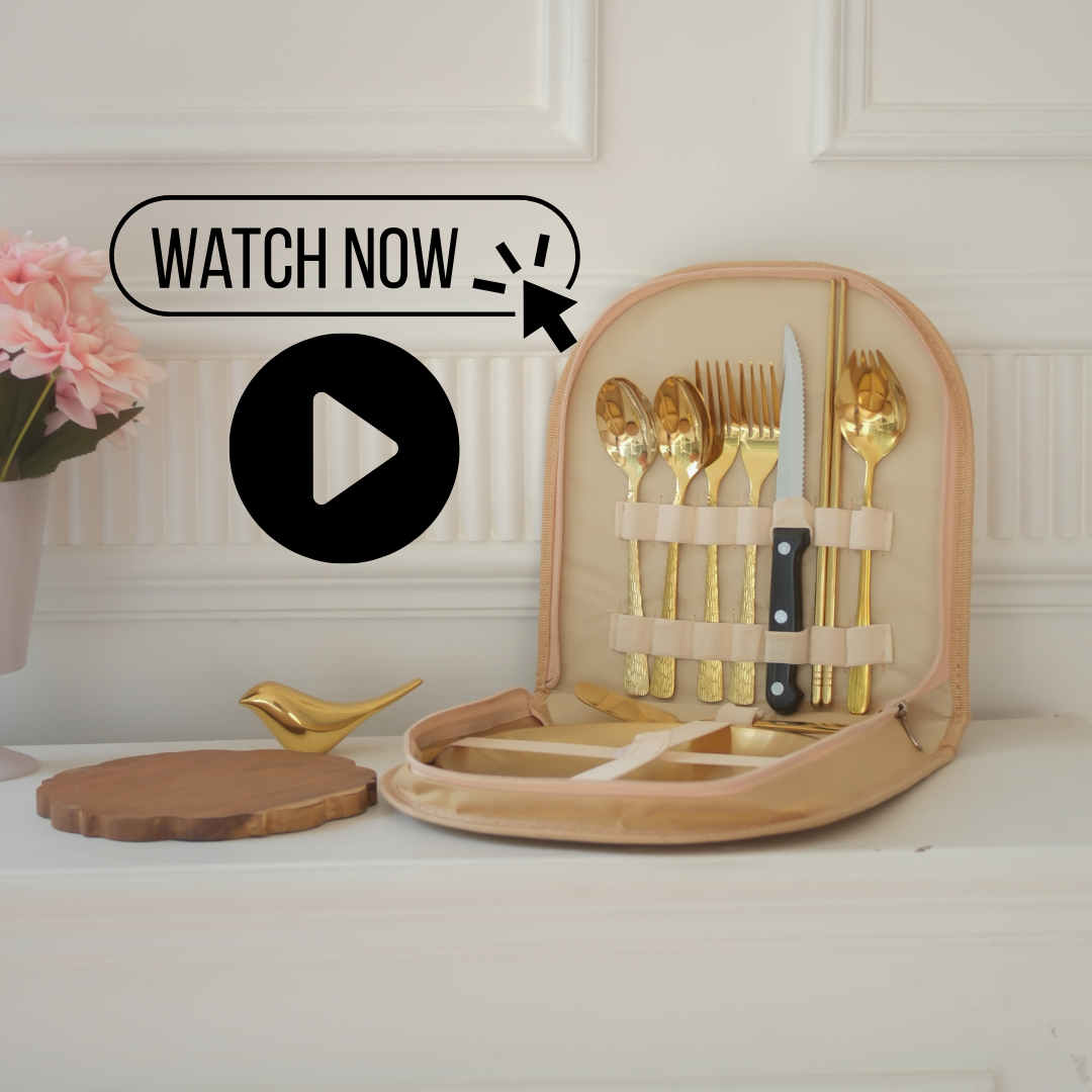 Gold luxury cutlery in zipper bag
