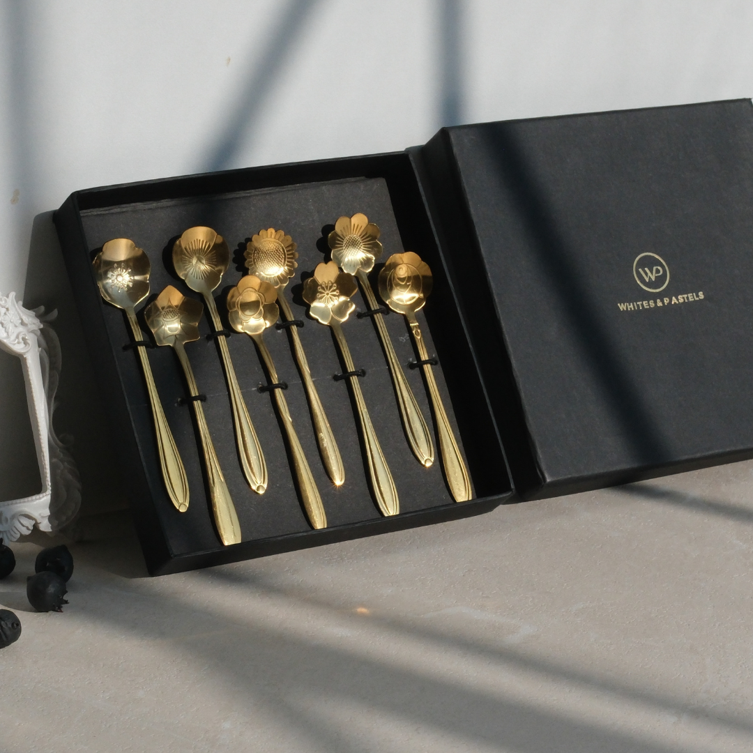 Floral 8 pc luxury dessert spoons placed inside a premium giftbox