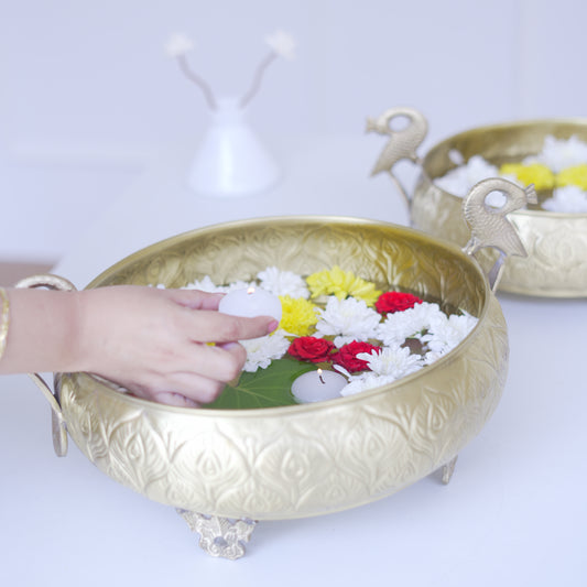 Handcrafted Gold Brass Urli with Peacock Handles | Chitai Work (10 & 12 Inch)
