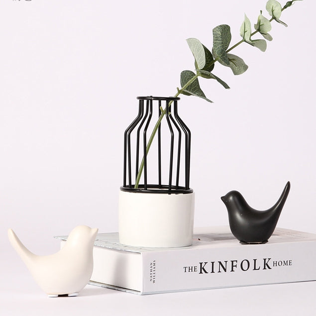 Small Ceramic Birds Figurine - Black & White