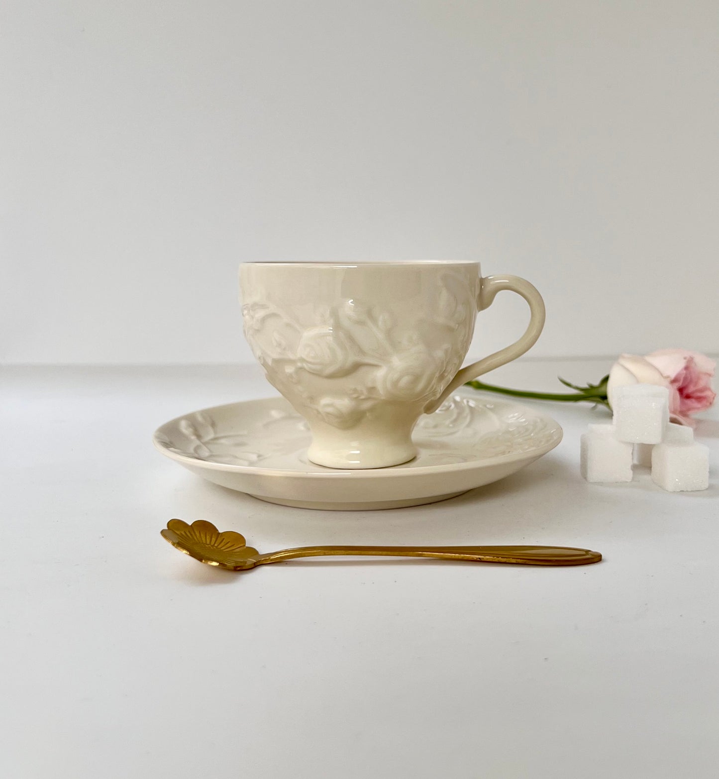 European Embossed Tea Cup and Saucer