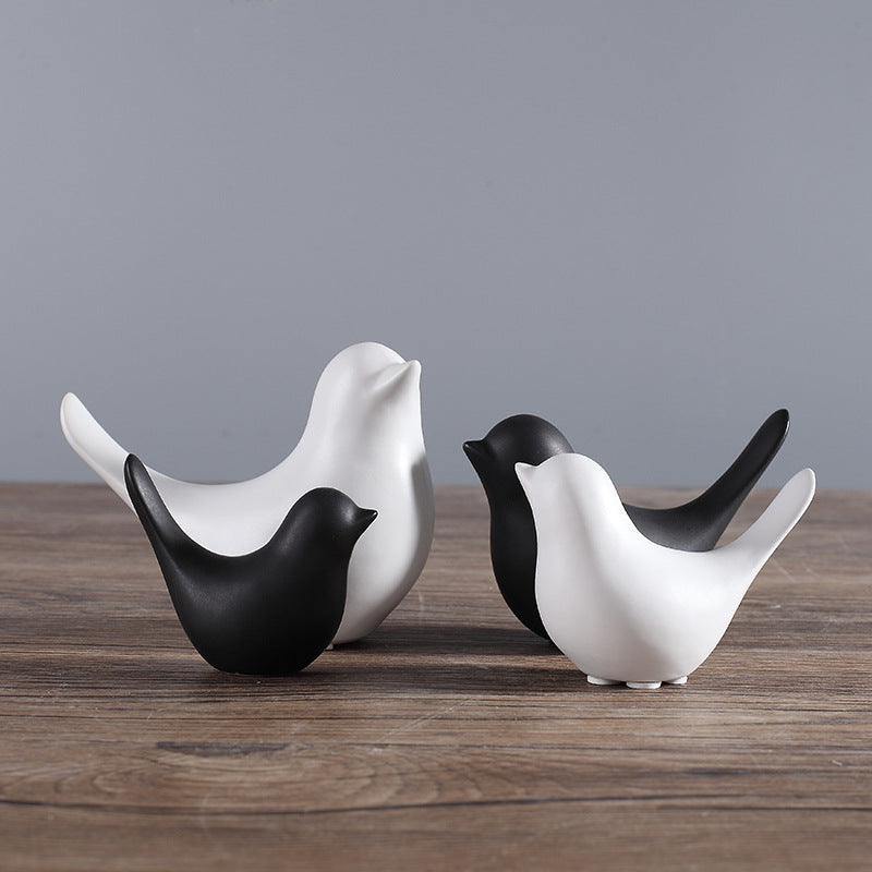 Small Ceramic Birds Figurine - Black & White