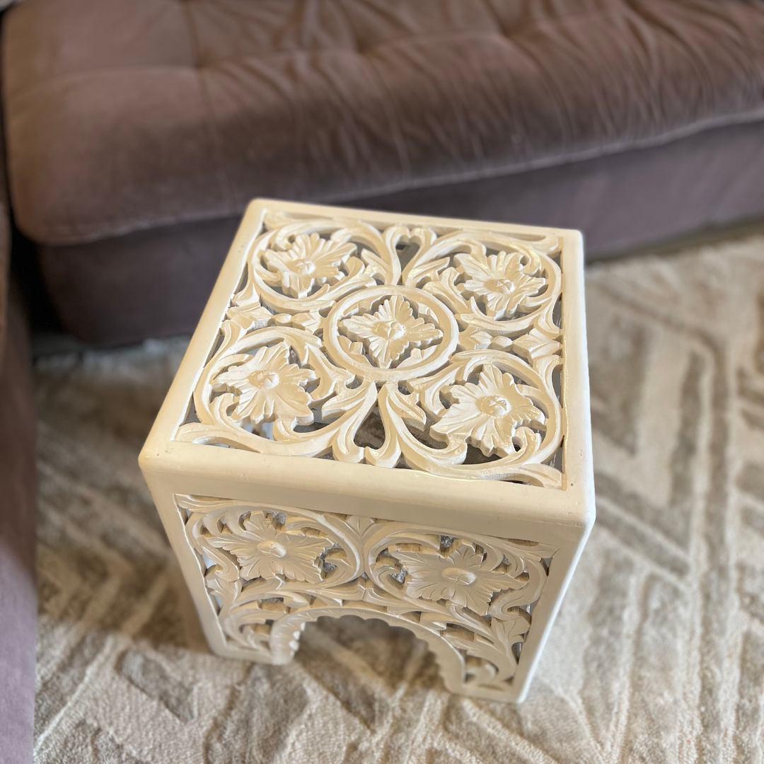 Wooden Side Table with Carving - White