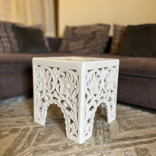 Wooden Side Table with Carving - White
