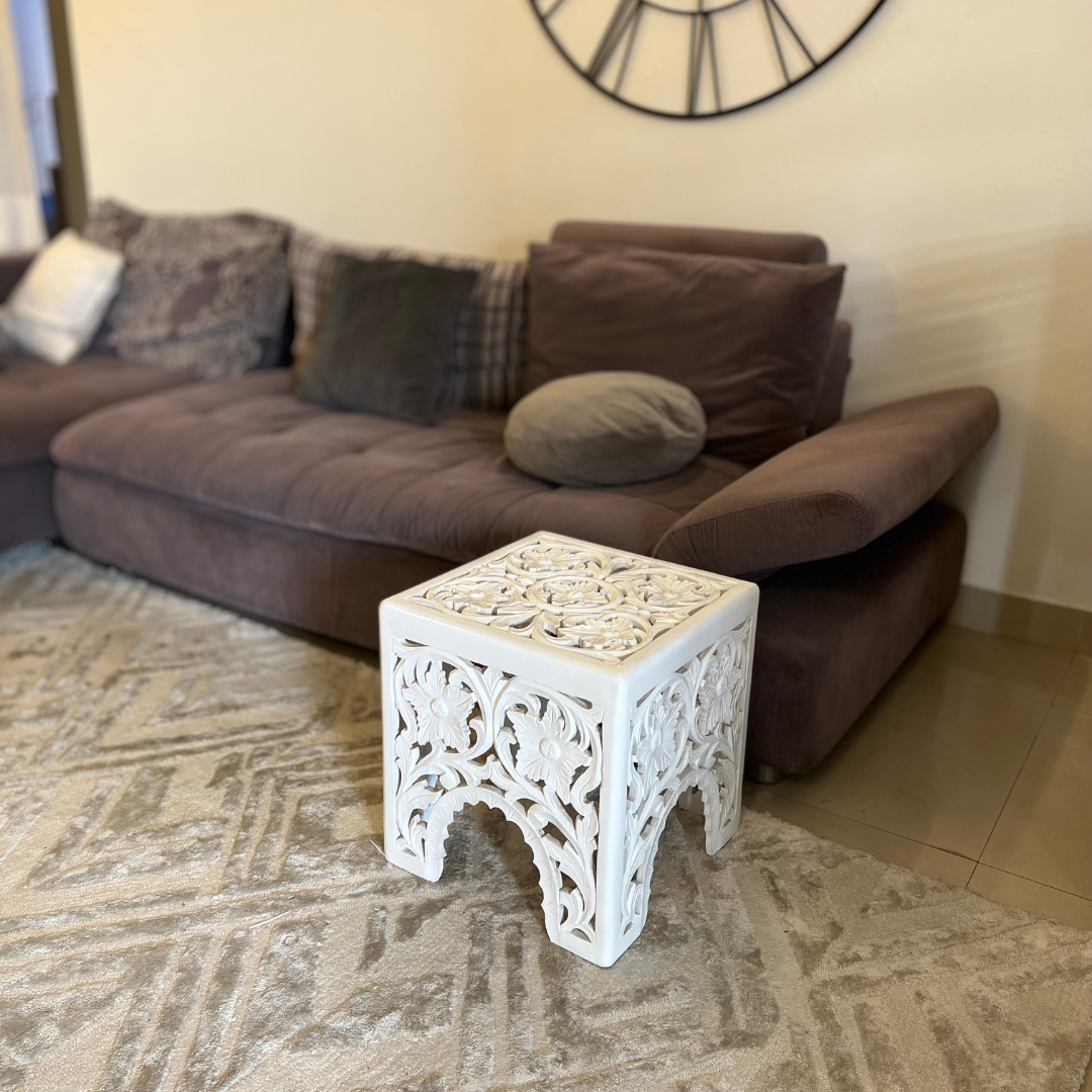 Carved Wooden Side Table - White