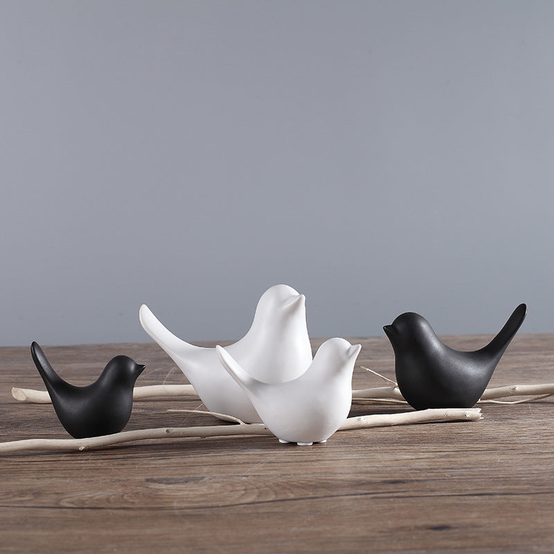 Small Ceramic Birds Figurine - Black & White