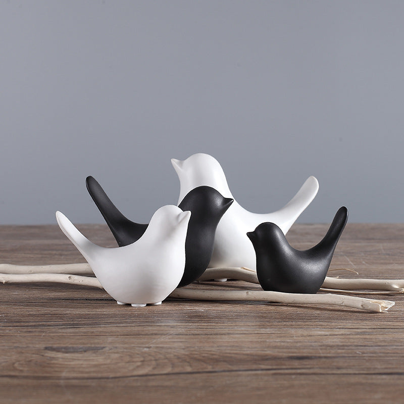 Small Ceramic Birds Figurine - Black & White