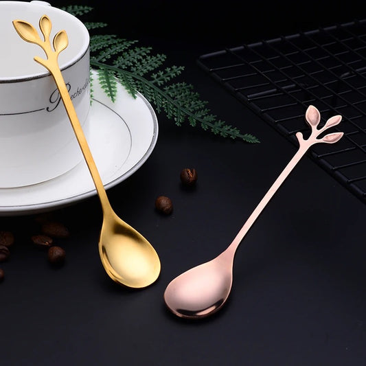 Set of 6 | Rose Gold Leaf Shaped Dessert Coffee & Tea Spoon | Stainless Steel