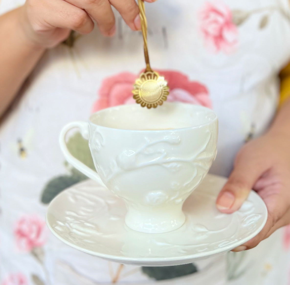 European Embossed Tea Cup and Saucer