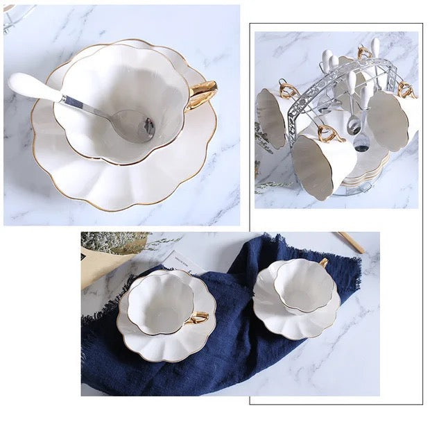 French White and Gold Tea Cup and Saucer Set - High-Quality Porcelain