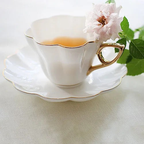 French White and Gold Tea Cup and Saucer Set - High-Quality Porcelain