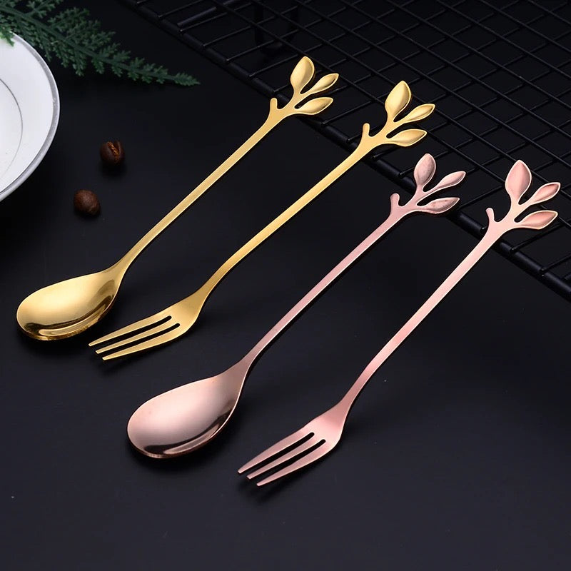 Set of 6 | Rose Gold Leaf Shaped Dessert Coffee & Tea Spoon | Stainless Steel