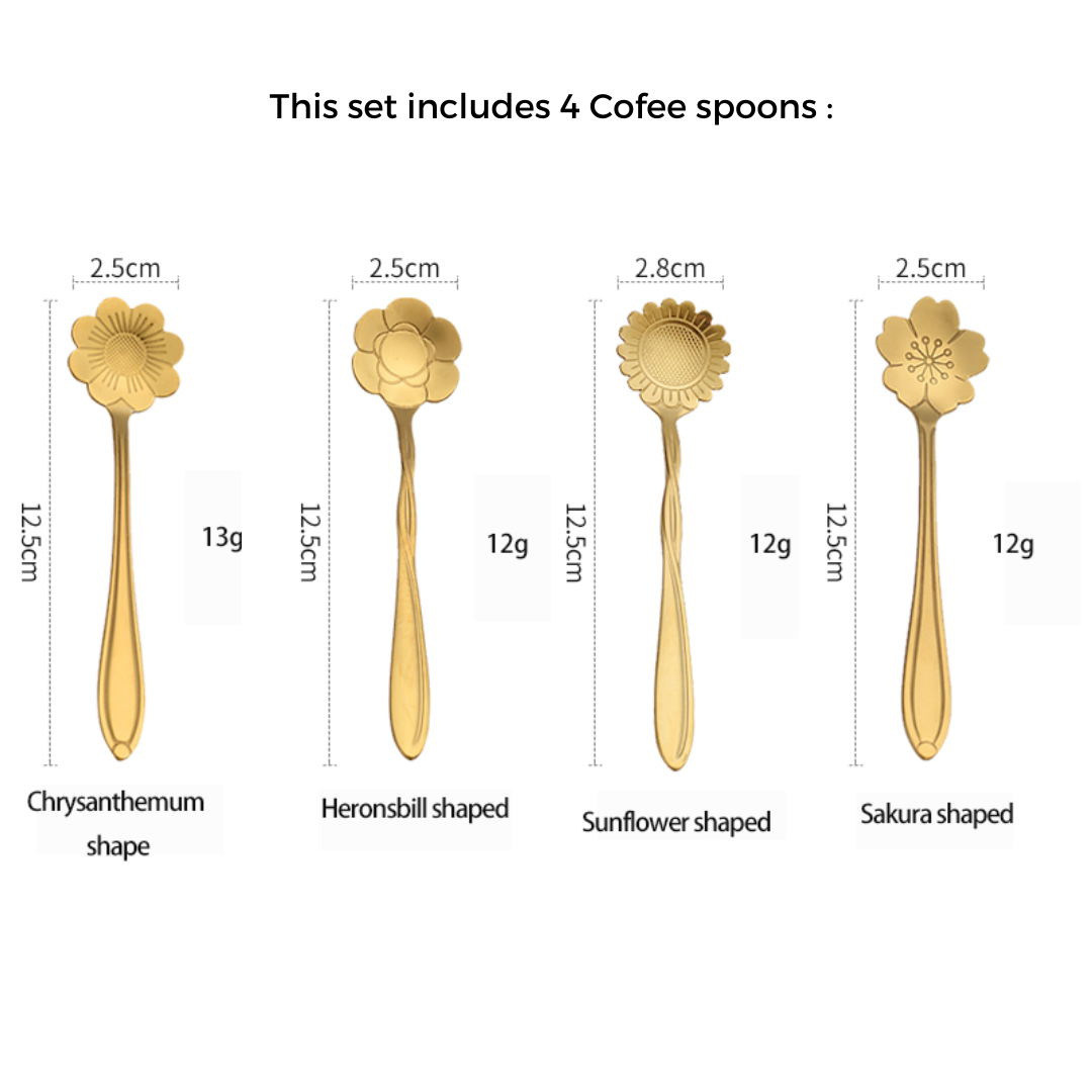 Dessert spoons - Gold Tea Spoons 4 pcs - Flower shape